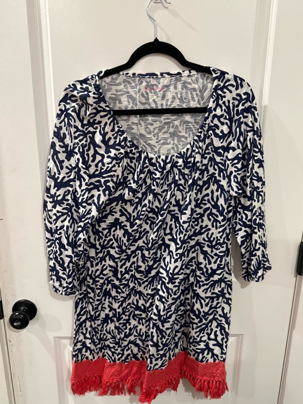 Lilly Pulitzer Navy & White Scoop-Neck Tunic with Coral Fringe